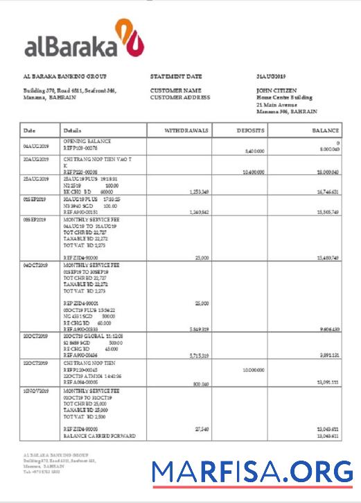 Blank Bahrain Al Baraka bank statement word download for verification